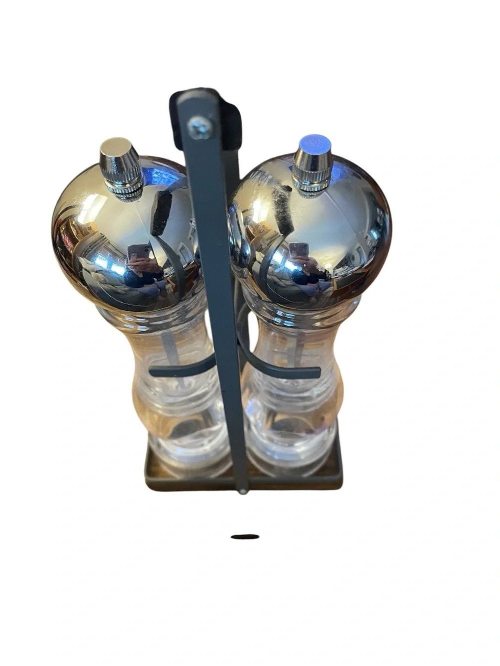 Urban Gourmet salt and pepper tall acrylic grinders metal frame stand silver top